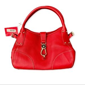 Vintage Dooney & Bourke Red Medium Logo Lock Satchel With Gold tone Fixtures.
